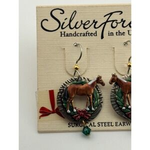 Silver Forest Dangle Drop Earrings Horse Wreath Christmas